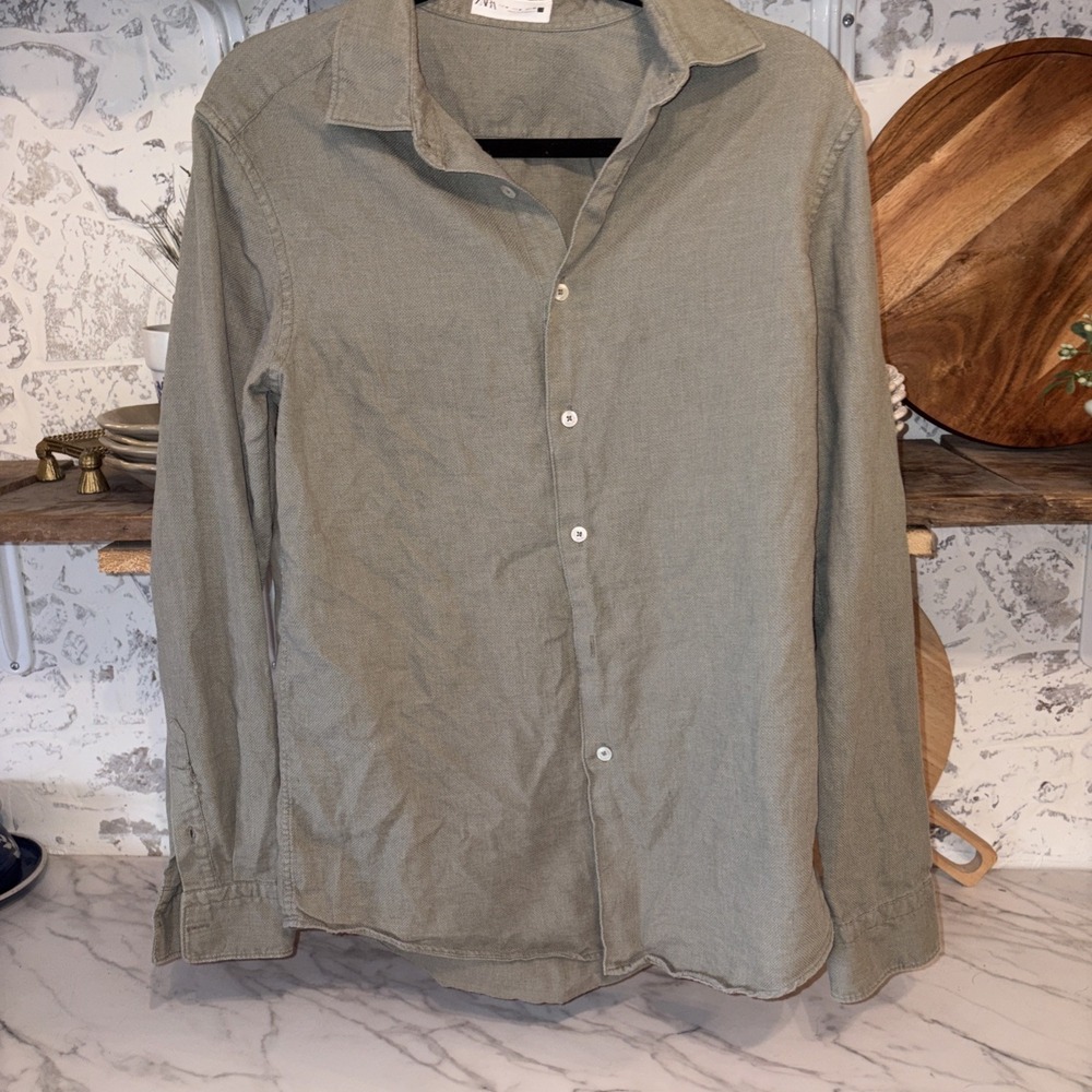 ZARA Textured Cotton Blend Bohemian Utilitarian Green Women's Shirt Med Button